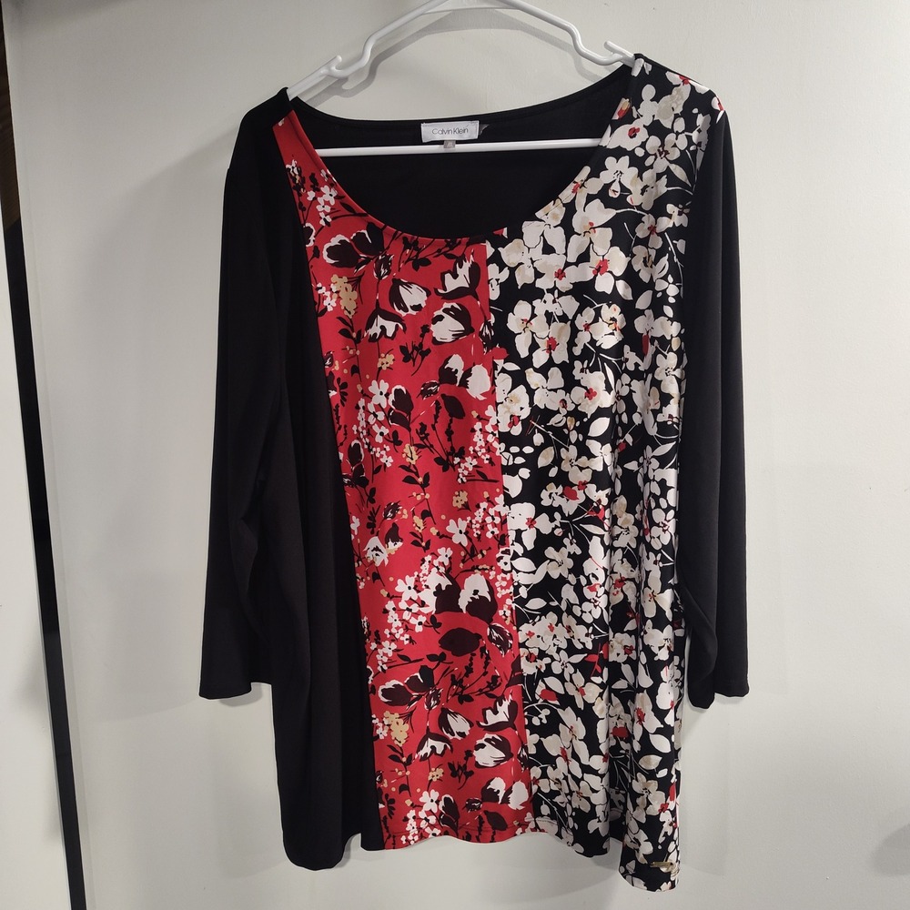 Calvin Klein Womens 2X Floral Colorblock Scoop Neck 3/4 Sleeve Top Red Black